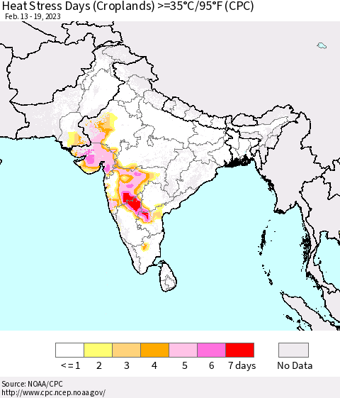 Southern Asia Heat Stress Days (Croplands) >=35°C/95°F (CPC) Thematic Map For 2/13/2023 - 2/19/2023