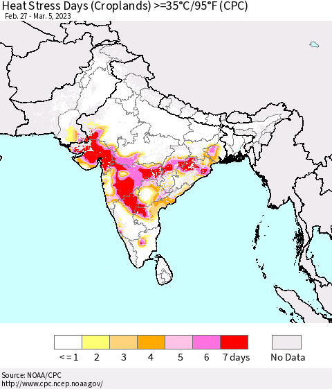 Southern Asia Heat Stress Days (Croplands) >=35°C/95°F (CPC) Thematic Map For 2/27/2023 - 3/5/2023