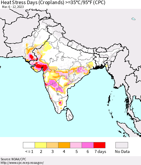 Southern Asia Heat Stress Days (Croplands) >=35°C/95°F (CPC) Thematic Map For 3/6/2023 - 3/12/2023