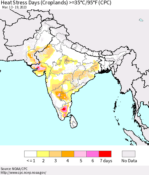 Southern Asia Heat Stress Days (Croplands) >=35°C/95°F (CPC) Thematic Map For 3/13/2023 - 3/19/2023