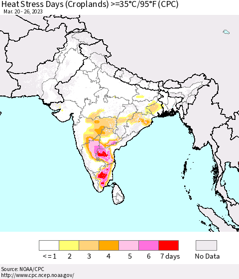 Southern Asia Heat Stress Days (Croplands) >=35°C/95°F (CPC) Thematic Map For 3/20/2023 - 3/26/2023