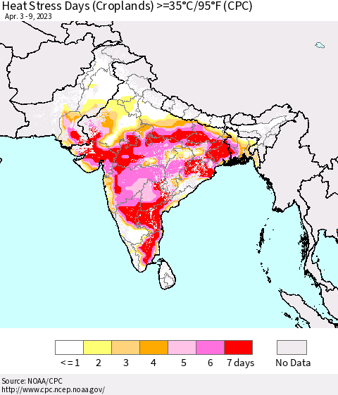 Southern Asia Heat Stress Days (Croplands) >=35°C/95°F (CPC) Thematic Map For 4/3/2023 - 4/9/2023