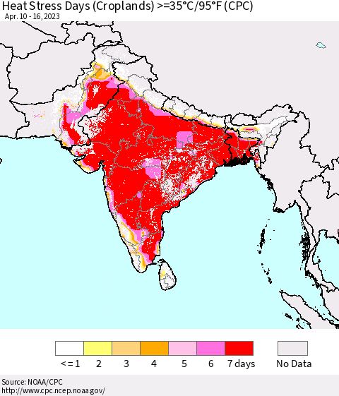 Southern Asia Heat Stress Days (Croplands) >=35°C/95°F (CPC) Thematic Map For 4/10/2023 - 4/16/2023