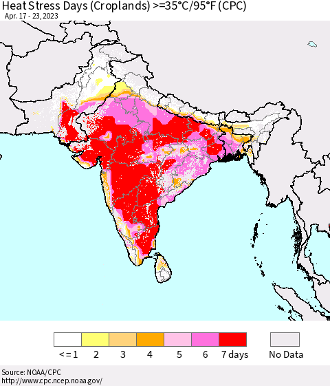 Southern Asia Heat Stress Days (Croplands) >=35°C/95°F (CPC) Thematic Map For 4/17/2023 - 4/23/2023