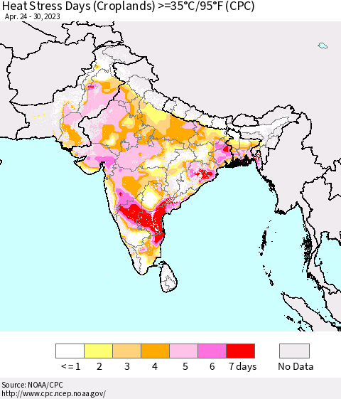 Southern Asia Heat Stress Days (Croplands) >=35°C/95°F (CPC) Thematic Map For 4/24/2023 - 4/30/2023