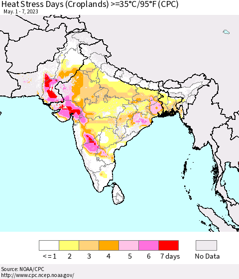 Southern Asia Heat Stress Days (Croplands) >=35°C/95°F (CPC) Thematic Map For 5/1/2023 - 5/7/2023