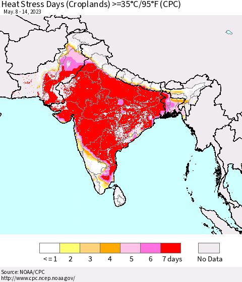Southern Asia Heat Stress Days (Croplands) >=35°C/95°F (CPC) Thematic Map For 5/8/2023 - 5/14/2023