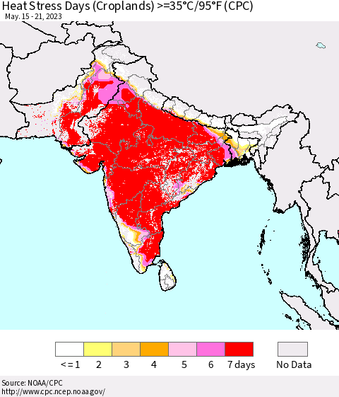 Southern Asia Heat Stress Days (Croplands) >=35°C/95°F (CPC) Thematic Map For 5/15/2023 - 5/21/2023