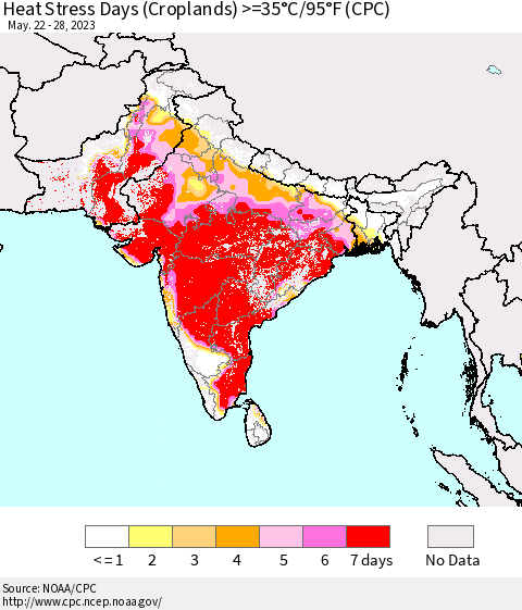 Southern Asia Heat Stress Days (Croplands) >=35°C/95°F (CPC) Thematic Map For 5/22/2023 - 5/28/2023