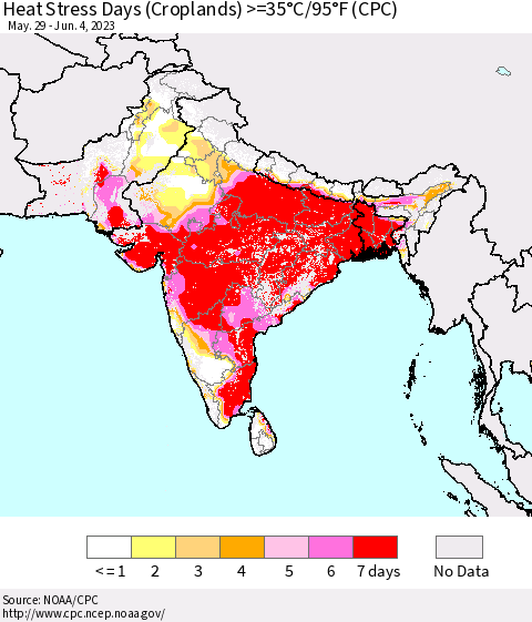 Southern Asia Heat Stress Days (Croplands) >=35°C/95°F (CPC) Thematic Map For 5/29/2023 - 6/4/2023