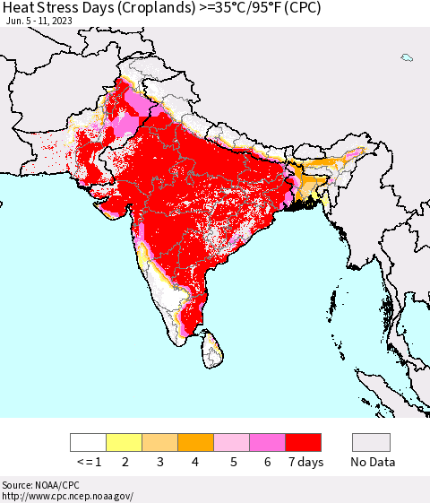 Southern Asia Heat Stress Days (Croplands) >=35°C/95°F (CPC) Thematic Map For 6/5/2023 - 6/11/2023