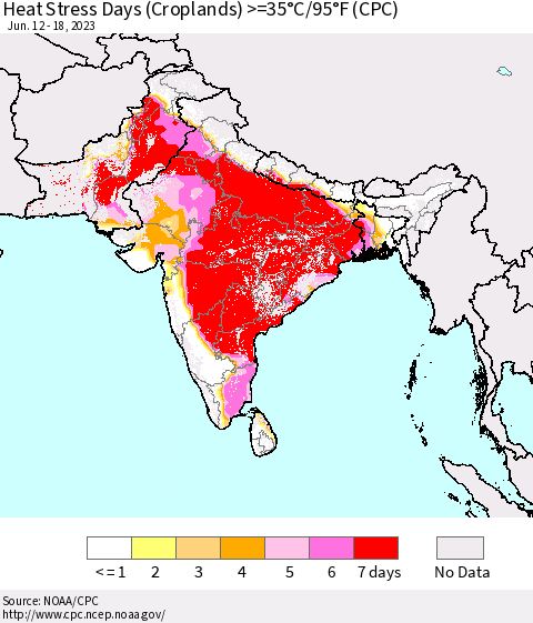 Southern Asia Heat Stress Days (Croplands) >=35°C/95°F (CPC) Thematic Map For 6/12/2023 - 6/18/2023