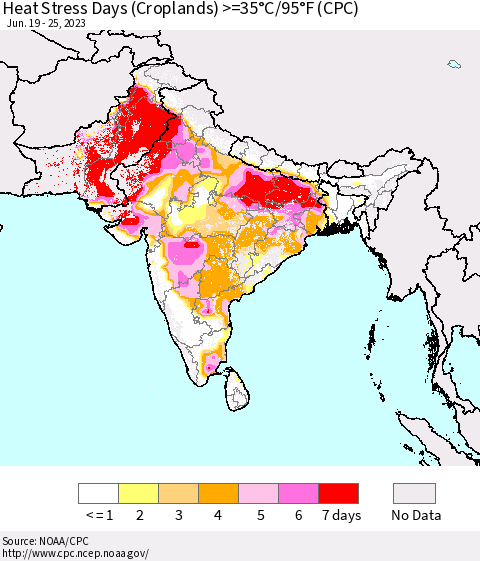 Southern Asia Heat Stress Days (Croplands) >=35°C/95°F (CPC) Thematic Map For 6/19/2023 - 6/25/2023