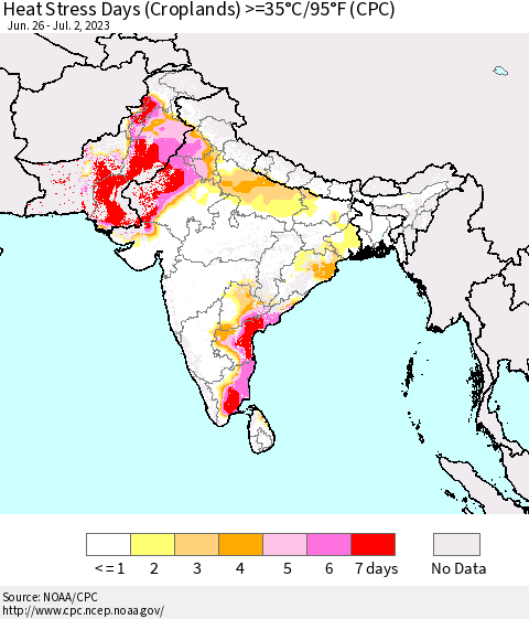 Southern Asia Heat Stress Days (Croplands) >=35°C/95°F (CPC) Thematic Map For 6/26/2023 - 7/2/2023