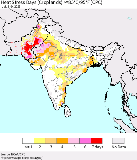 Southern Asia Heat Stress Days (Croplands) >=35°C/95°F (CPC) Thematic Map For 7/3/2023 - 7/9/2023