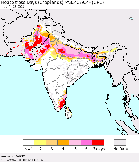 Southern Asia Heat Stress Days (Croplands) >=35°C/95°F (CPC) Thematic Map For 7/17/2023 - 7/23/2023