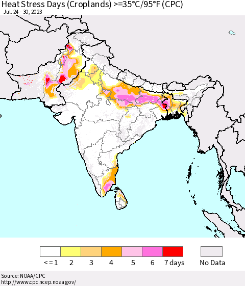 Southern Asia Heat Stress Days (Croplands) >=35°C/95°F (CPC) Thematic Map For 7/24/2023 - 7/30/2023