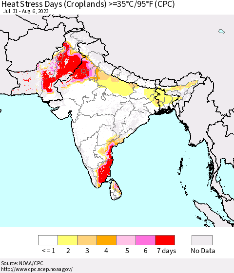 Southern Asia Heat Stress Days (Croplands) >=35°C/95°F (CPC) Thematic Map For 7/31/2023 - 8/6/2023