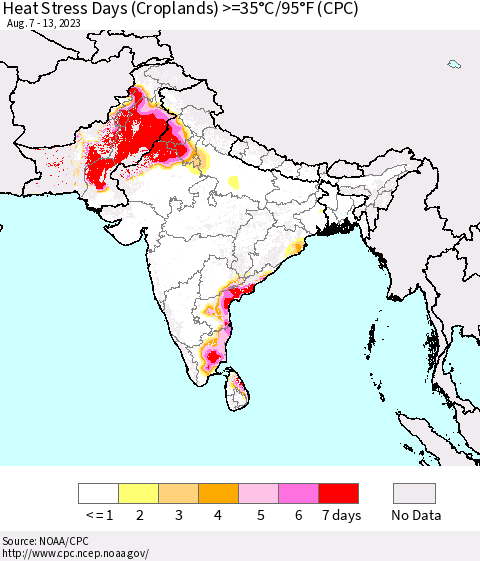 Southern Asia Heat Stress Days (Croplands) >=35°C/95°F (CPC) Thematic Map For 8/7/2023 - 8/13/2023