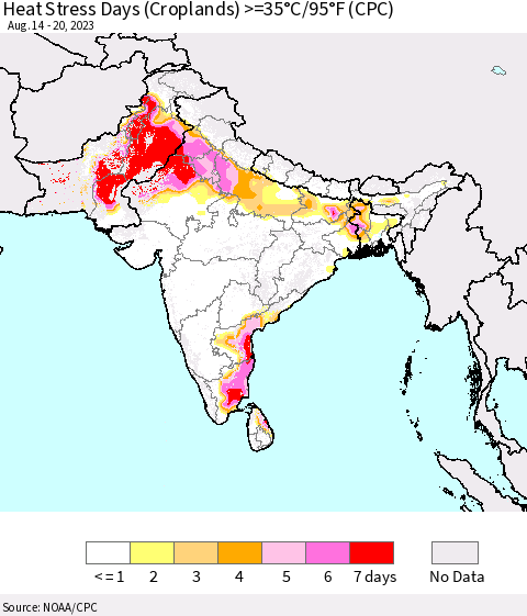 Southern Asia Heat Stress Days (Croplands) >=35°C/95°F (CPC) Thematic Map For 8/14/2023 - 8/20/2023