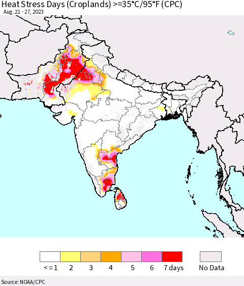 Southern Asia Heat Stress Days (Croplands) >=35°C/95°F (CPC) Thematic Map For 8/21/2023 - 8/27/2023