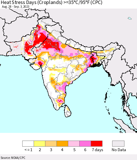 Southern Asia Heat Stress Days (Croplands) >=35°C/95°F (CPC) Thematic Map For 8/28/2023 - 9/3/2023