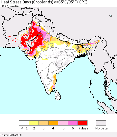 Southern Asia Heat Stress Days (Croplands) >=35°C/95°F (CPC) Thematic Map For 9/4/2023 - 9/10/2023