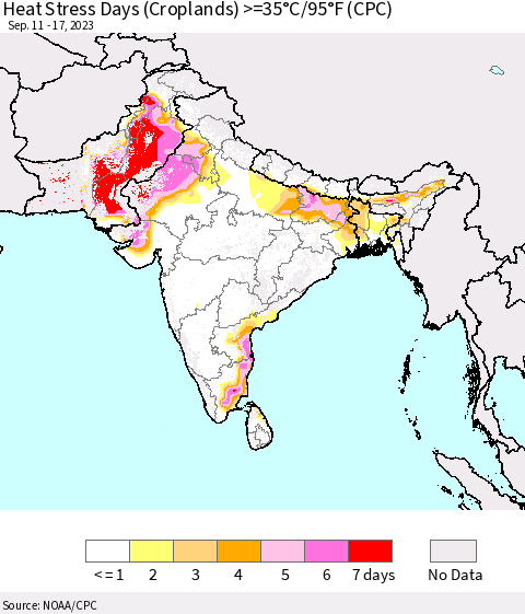 Southern Asia Heat Stress Days (Croplands) >=35°C/95°F (CPC) Thematic Map For 9/11/2023 - 9/17/2023