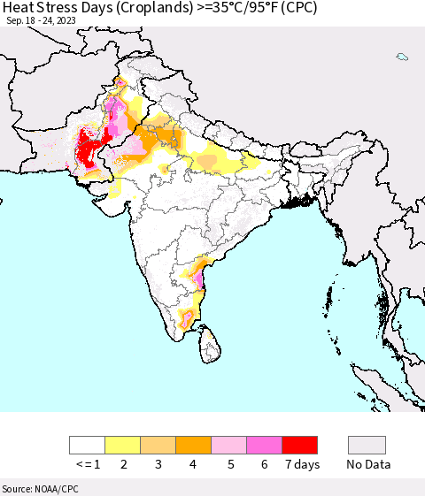 Southern Asia Heat Stress Days (Croplands) >=35°C/95°F (CPC) Thematic Map For 9/18/2023 - 9/24/2023