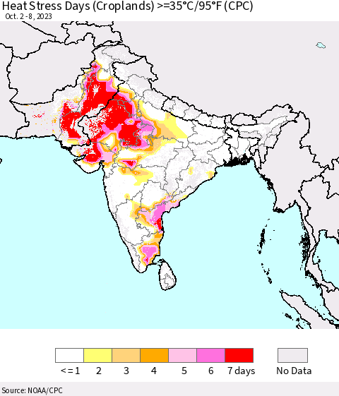 Southern Asia Heat Stress Days (Croplands) >=35°C/95°F (CPC) Thematic Map For 10/2/2023 - 10/8/2023