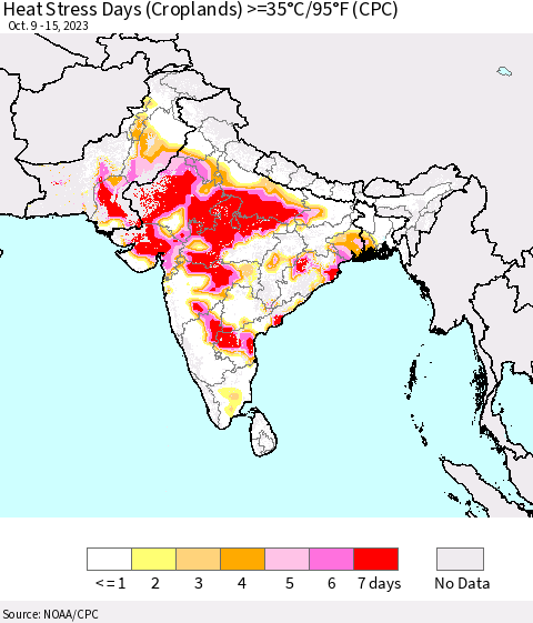 Southern Asia Heat Stress Days (Croplands) >=35°C/95°F (CPC) Thematic Map For 10/9/2023 - 10/15/2023