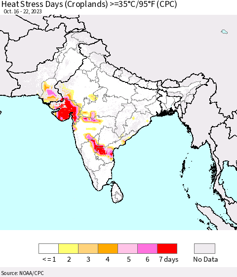 Southern Asia Heat Stress Days (Croplands) >=35°C/95°F (CPC) Thematic Map For 10/16/2023 - 10/22/2023