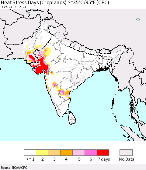 Southern Asia Heat Stress Days (Croplands) >=35°C/95°F (CPC) Thematic Map For 10/23/2023 - 10/29/2023