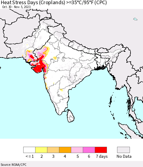 Southern Asia Heat Stress Days (Croplands) >=35°C/95°F (CPC) Thematic Map For 10/30/2023 - 11/5/2023