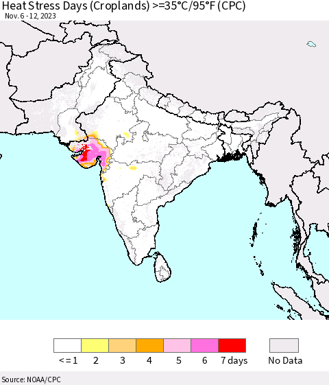 Southern Asia Heat Stress Days (Croplands) >=35°C/95°F (CPC) Thematic Map For 11/6/2023 - 11/12/2023