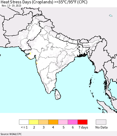 Southern Asia Heat Stress Days (Croplands) >=35°C/95°F (CPC) Thematic Map For 11/13/2023 - 11/19/2023
