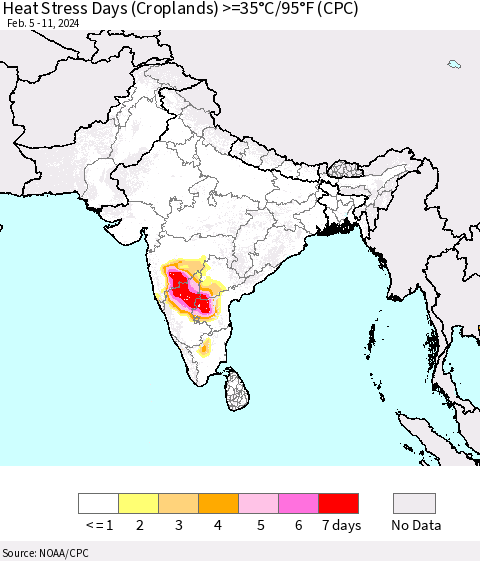 Southern Asia Heat Stress Days (Croplands) >=35°C/95°F (CPC) Thematic Map For 2/5/2024 - 2/11/2024