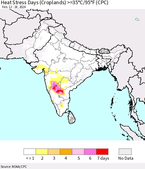 Southern Asia Heat Stress Days (Croplands) >=35°C/95°F (CPC) Thematic Map For 2/12/2024 - 2/18/2024