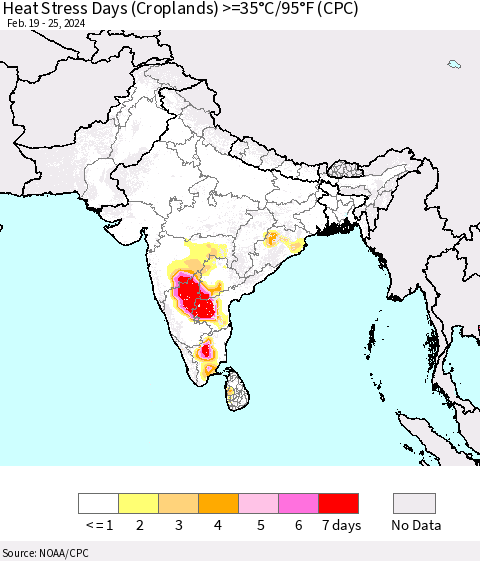 Southern Asia Heat Stress Days (Croplands) >=35°C/95°F (CPC) Thematic Map For 2/19/2024 - 2/25/2024