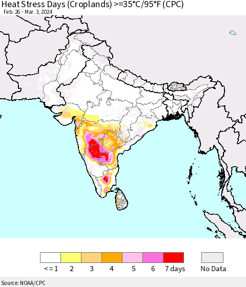 Southern Asia Heat Stress Days (Croplands) >=35°C/95°F (CPC) Thematic Map For 2/26/2024 - 3/3/2024