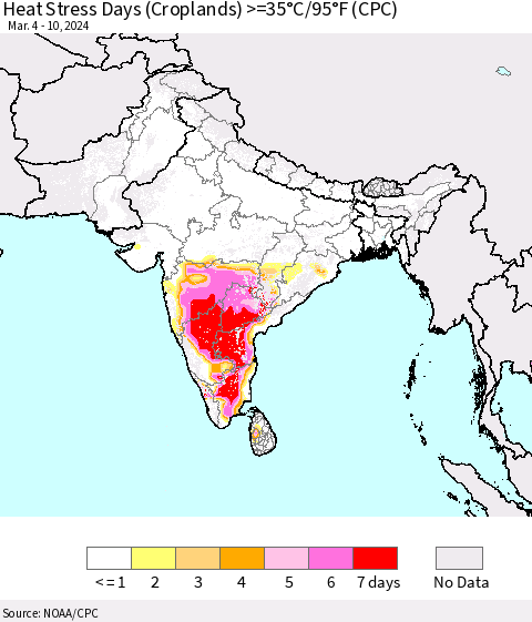 Southern Asia Heat Stress Days (Croplands) >=35°C/95°F (CPC) Thematic Map For 3/4/2024 - 3/10/2024