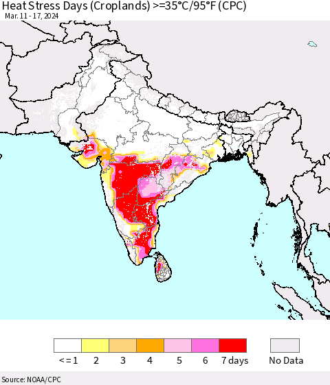 Southern Asia Heat Stress Days (Croplands) >=35°C/95°F (CPC) Thematic Map For 3/11/2024 - 3/17/2024