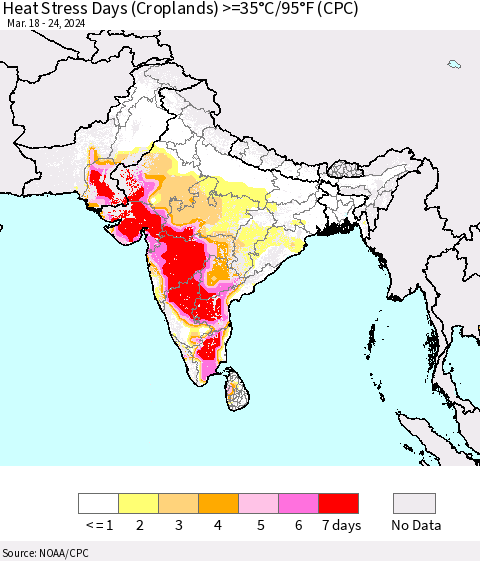 Southern Asia Heat Stress Days (Croplands) >=35°C/95°F (CPC) Thematic Map For 3/18/2024 - 3/24/2024