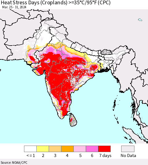 Southern Asia Heat Stress Days (Croplands) >=35°C/95°F (CPC) Thematic Map For 3/25/2024 - 3/31/2024