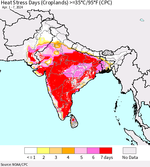 Southern Asia Heat Stress Days (Croplands) >=35°C/95°F (CPC) Thematic Map For 4/1/2024 - 4/7/2024
