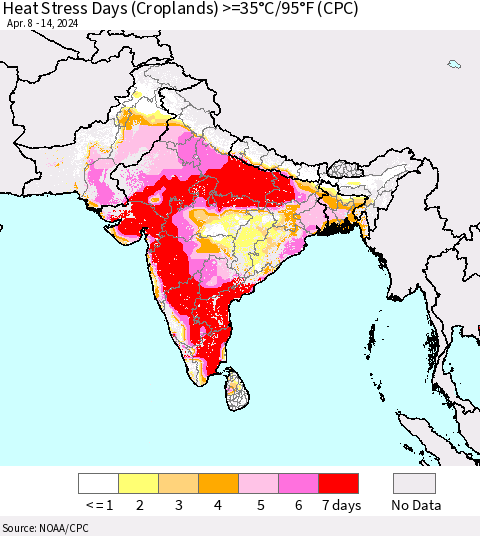 Southern Asia Heat Stress Days (Croplands) >=35°C/95°F (CPC) Thematic Map For 4/8/2024 - 4/14/2024