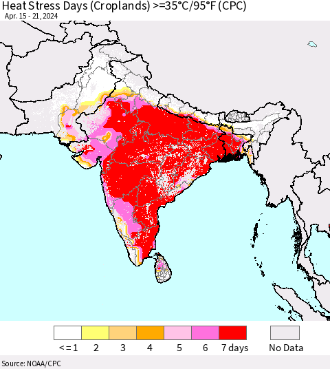 Southern Asia Heat Stress Days (Croplands) >=35°C/95°F (CPC) Thematic Map For 4/15/2024 - 4/21/2024
