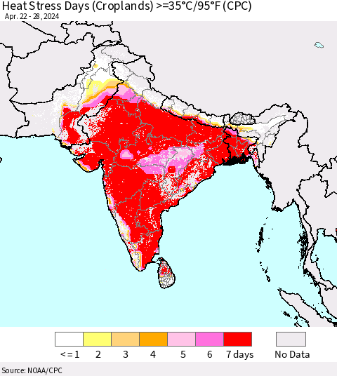 Southern Asia Heat Stress Days (Croplands) >=35°C/95°F (CPC) Thematic Map For 4/22/2024 - 4/28/2024