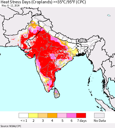 Southern Asia Heat Stress Days (Croplands) >=35°C/95°F (CPC) Thematic Map For 5/6/2024 - 5/12/2024