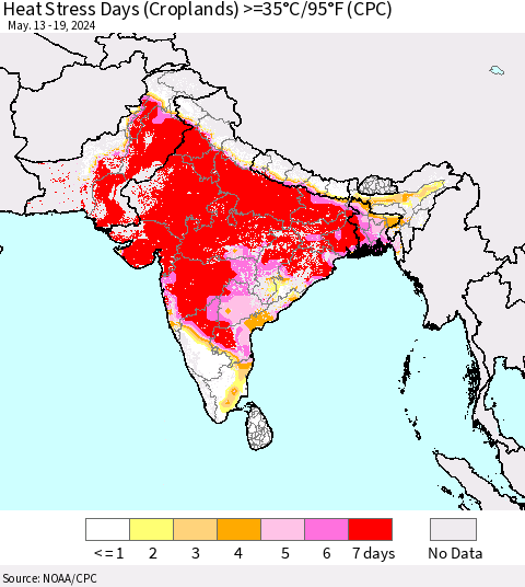 Southern Asia Heat Stress Days (Croplands) >=35°C/95°F (CPC) Thematic Map For 5/13/2024 - 5/19/2024